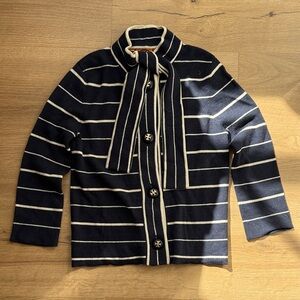 Vintage Tory Burch Navy  and White Striped Cardigan with Tie Neck